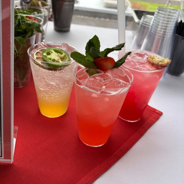 Three colorful cocktails with garnishes of jalapeño, lime, strawberry, mint, and a dried flower.